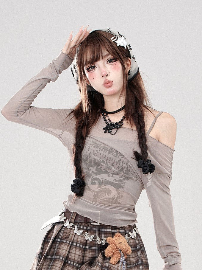 Top Layer Set Inner Off-Shoulder Sheer Grey