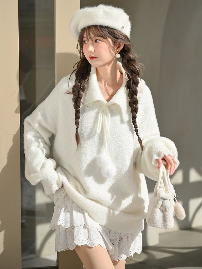 Pompons Decorated Pullover White Sweater