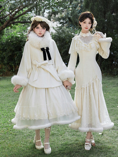 Detachable Lining Coat Fleece Cape with Fur Winter Lolita Collar White