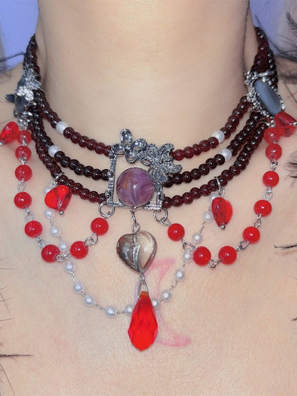 Black Necklace Y2K Punk Rhinestone Beaded Heart Pendant Red