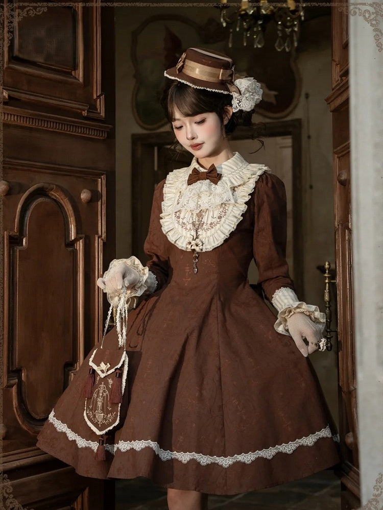 Brown Lace OP Dress with Detachable Bow - iris de nuit