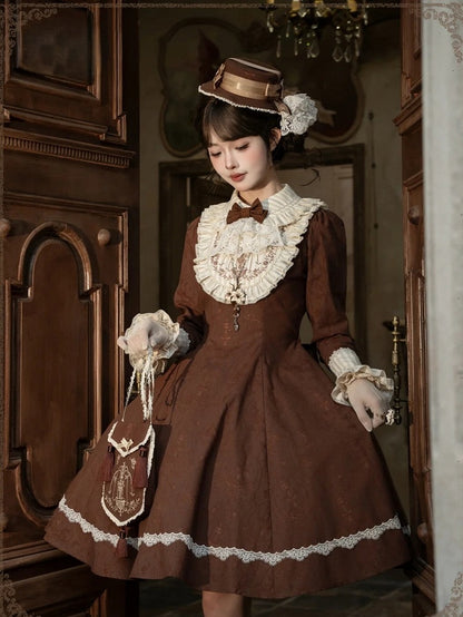 Brown Lace OP Dress with Detachable Bow - iris de nuit