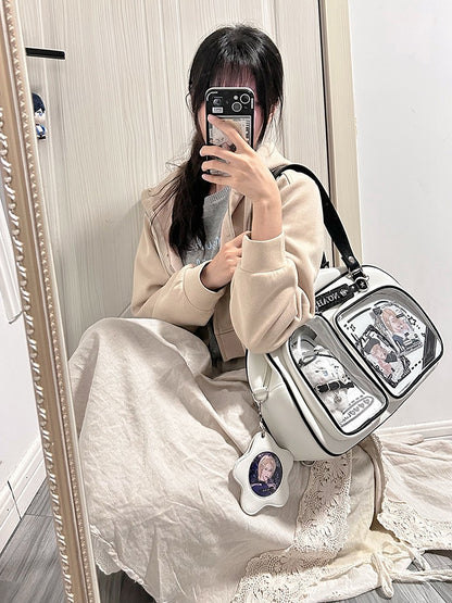 White & Black Contrast Trim Bread-shaped Ita Shoulder Bag