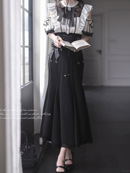 Short Neckline Kei and Illusion Black Cutout with White Blouse Lace Jirai Sleeves Shoulder Trim