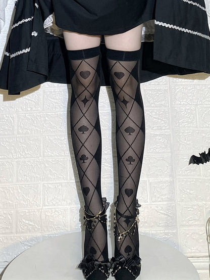 Black/White Diamondand Poker Pattern Alice in Wonderland Vibes Over Knee Stockings