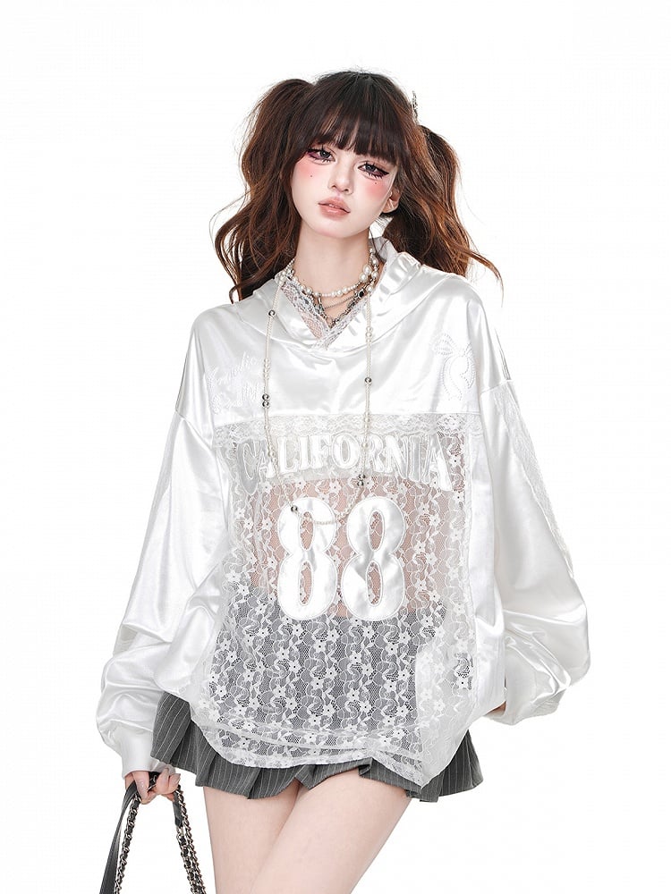 Black/White Bowknot Embroidery Contrast Lace Patches Loose Hoodie