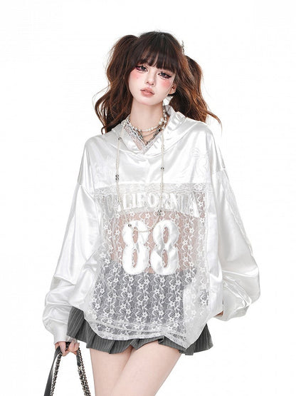 Black/White Bowknot Embroidery Contrast Lace Patches Loose Hoodie