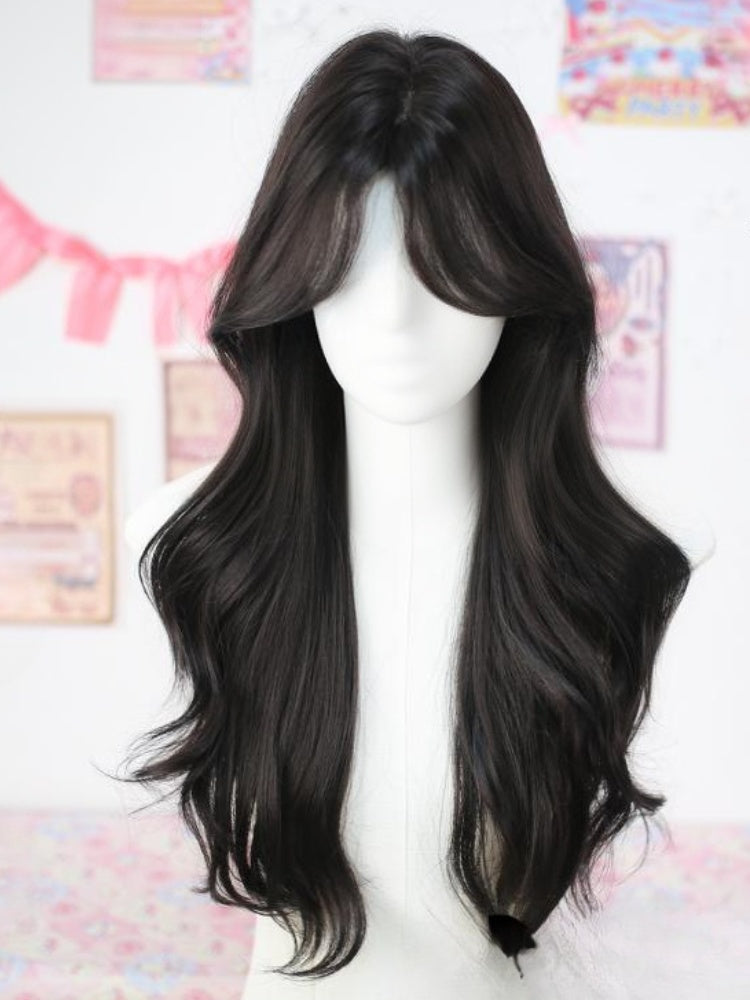 Black Tea Under Bust Length 65cm Wavy Wig with Curtain Bangs
