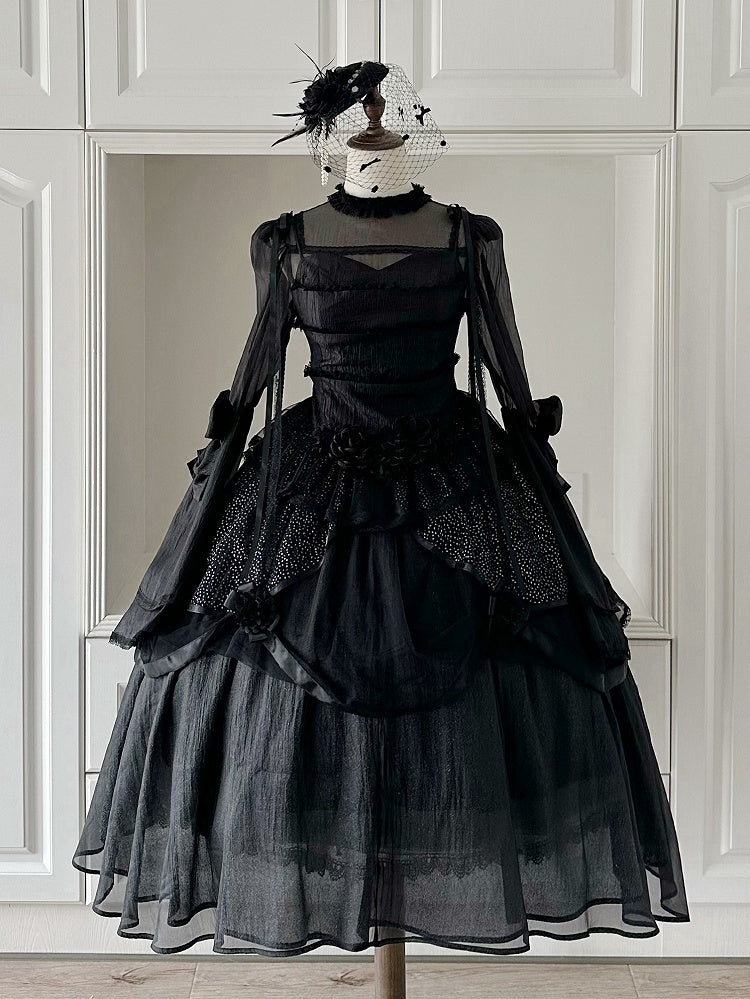 Spaghetti Elegantes JSK-Kleid Lolita Schwarze Träger Vollschichtiges Kuro-Set Schimmernd