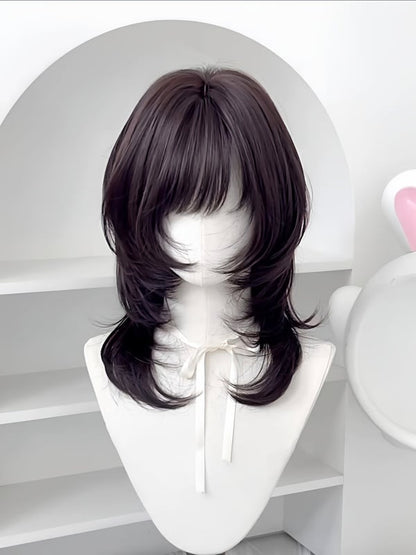 Tea Wig Black with Bangs Short Cut 45CM Hime Wavy