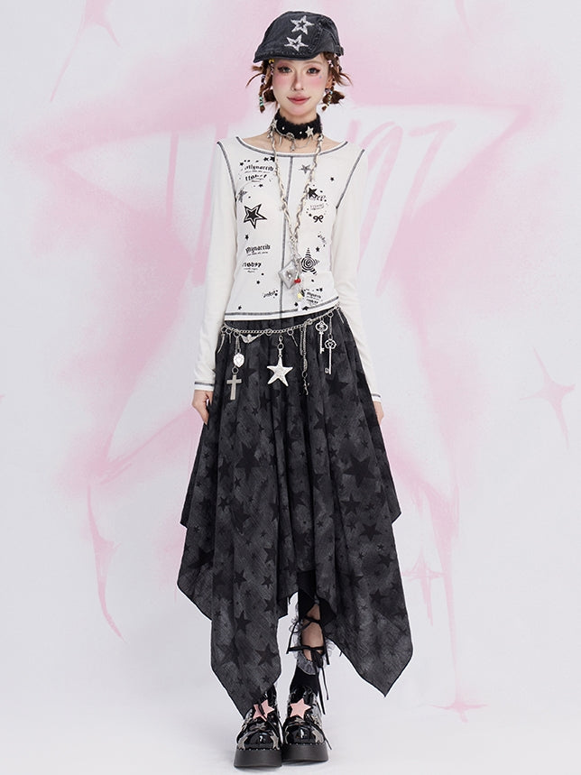 Weißes, kurzes Top mit Rundhalsausschnitt und Sternenmuster