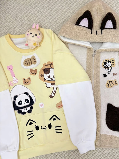 White Design Core | Otome Colorblock Yellow Taiyaki Cat Embroidery Sweatshirt