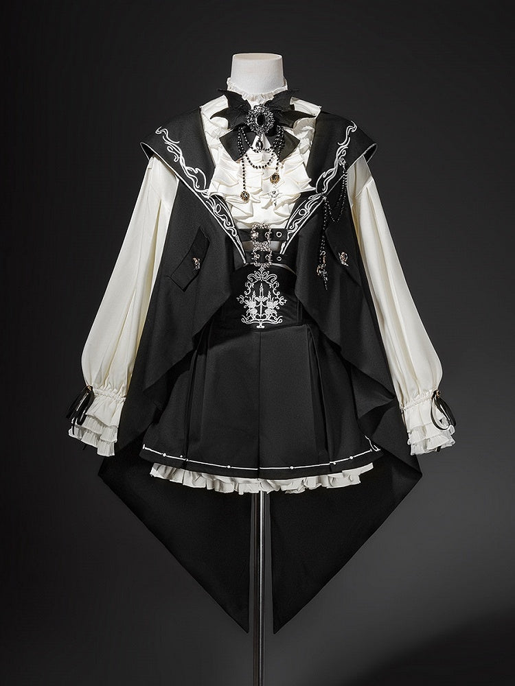 Waist Ouji Overall Black Waistcoat Bunny + Shorts Split-Tail High Lolita Hooded Ear Shirt