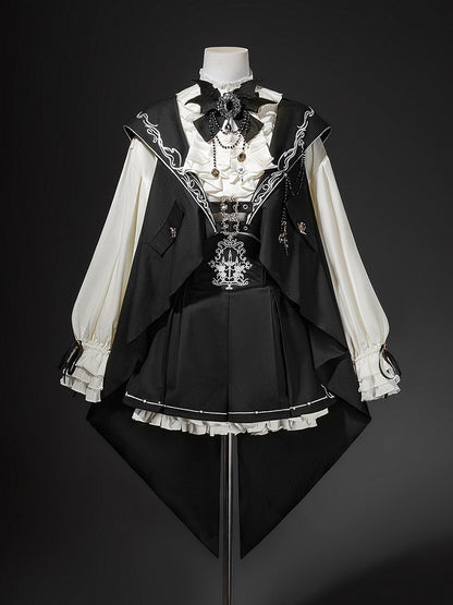 Waist Ouji Overall Black Waistcoat Bunny + Shorts Split-Tail High Lolita Hooded Ear Shirt