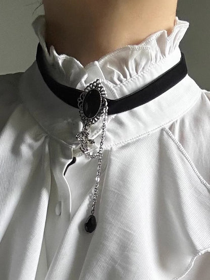 Necklace Lolita with Ornate Vintage Ouji Elegant Charm Obsidian Cross Choker Metalwork
