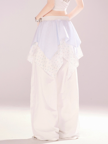 ツーピースウエストハンカチ裾ワイドレッグパンツホワイトローフェイク