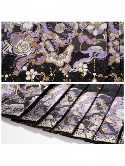 Black & Purple Jacquard Mamian Skirt with Butterfly & Floral Motif - Hua Xian Ji Hanfu