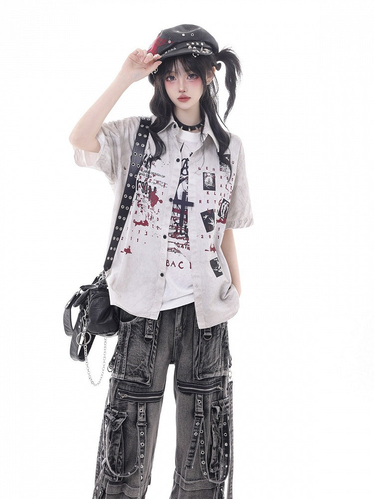 White Short Sleeve Shirt with Graffiti Print - KNOW8 Online Shop
