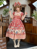 Red Halter Lolita OP Dress with Popcorn Bear Theme, Long/Short Version - Sweet Dream