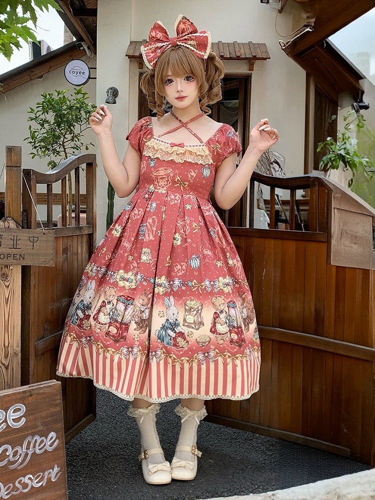 Red Halter Lolita OP Dress with Popcorn Bear Theme, Long/Short Version - Sweet Dream