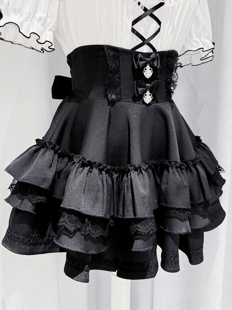 Black Tiered Skirt with Lace Trim and Rhinestone Bow Embellishments - GingaU
