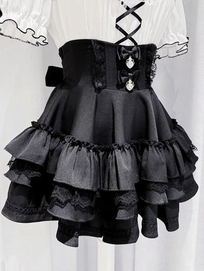 Black Tiered Skirt with Lace Trim and Rhinestone Bow Embellishments - GingaU
