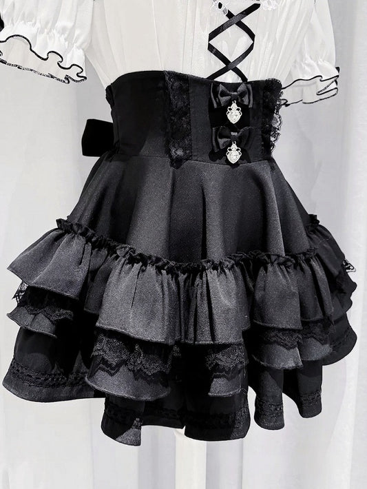 Black Tiered Skirt with Lace Trim and Rhinestone Bow Embellishments - GingaU