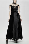 Gothic Queen Velvet Flat Shoulders Lace Up Deep V-Neck Slim Sexy Long Dress