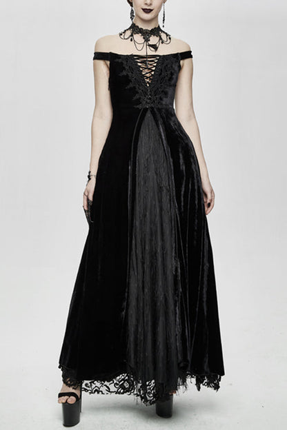 Gothic Queen Velvet Flat Shoulders Lace Up Deep V-Neck Slim Sexy Long Dress