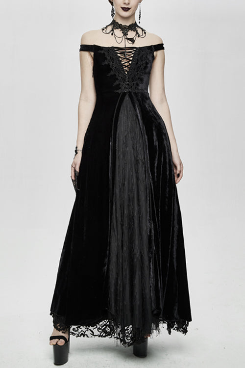 Gothic Queen Velvet Flat Shoulders Lace Up Deep V-Neck Slim Sexy Long Dress