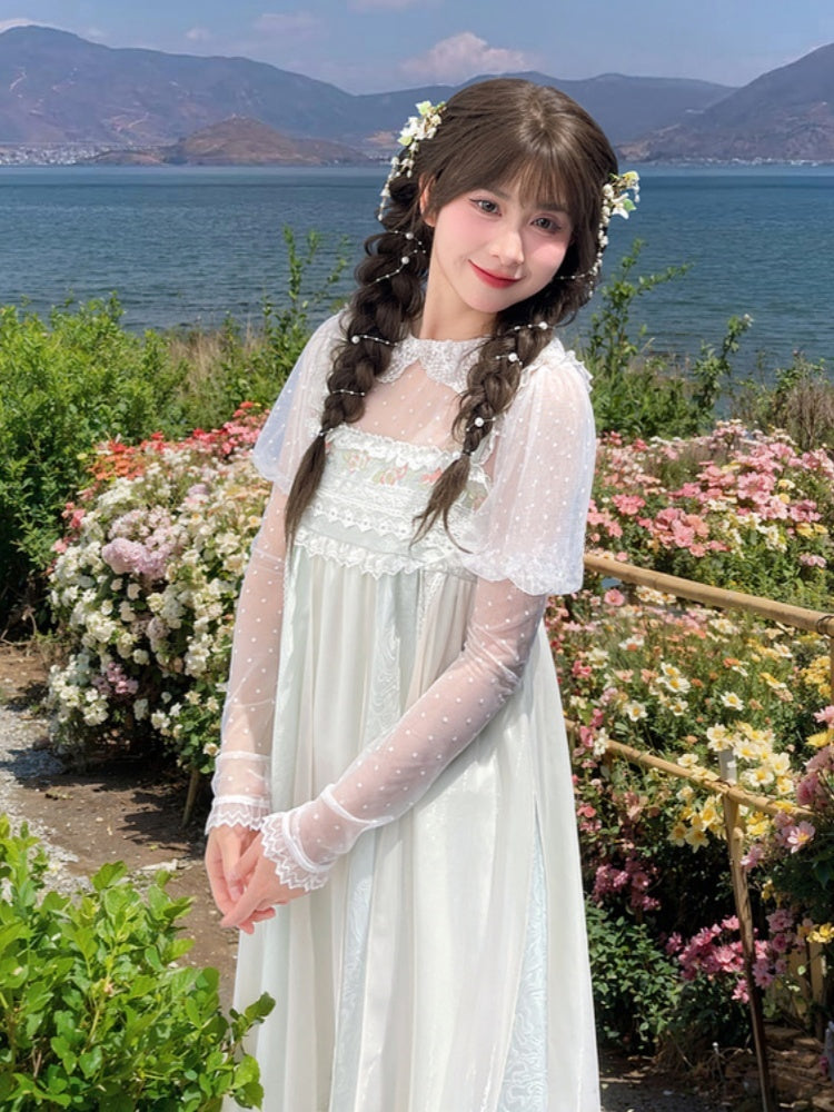 ブラウス レース ホワイト 水玉 ピーターパンカラー ジュリエットスリーブ スイート