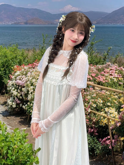 ブラウス レース ホワイト 水玉 ピーターパンカラー ジュリエットスリーブ スイート