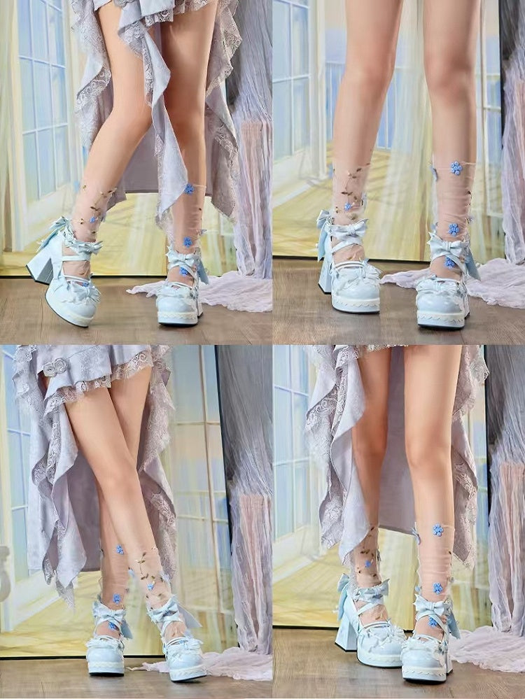 Heart Platform Block Accents Heels with - Sky Height 8cm Heel Lolita Blue Snap Sweet Decorative Striped High Bow