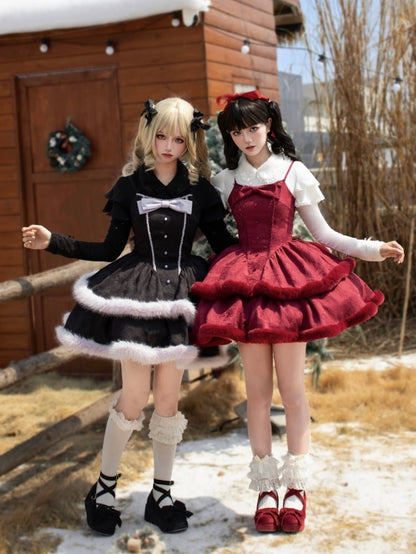 Red Basque Waist Plush Trim Hemline Christmas Lolita Dress Adjustable Thin Shoulder Straps