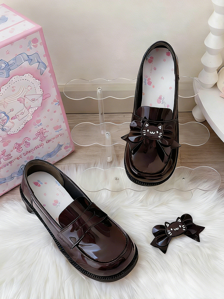 Heels School-style Shaped Heeled 4cm Brown in Bows PU Detachable Loafers Paw with Cat Kitten