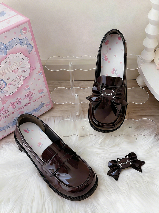 Heels School-style Shaped Heeled 4cm Brown in Bows PU Detachable Loafers Paw with Cat Kitten
