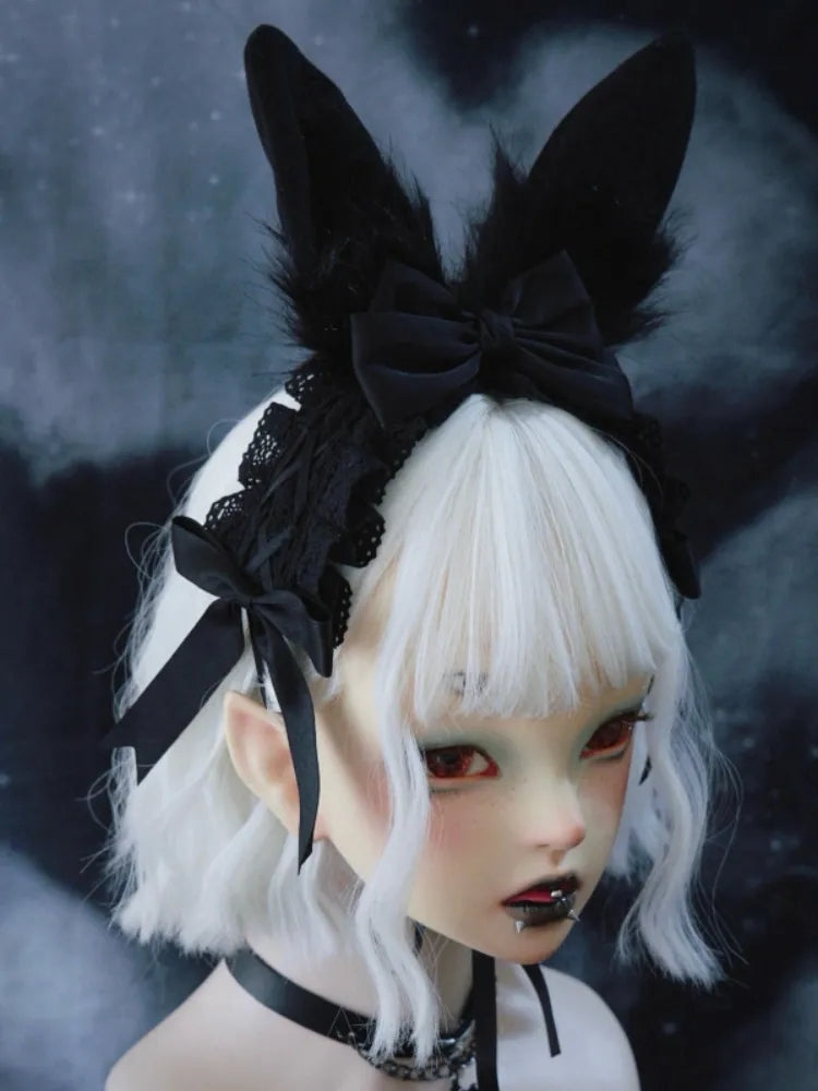 Black Gothic Bunny Ears Hairband with Bowknots