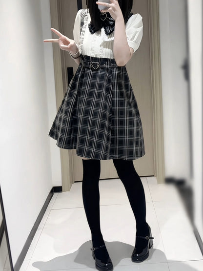 Faux Black Tie Design Jirai Detachable Two-Piece Dress Belt Heart Buckle Bow with Plaid Kei