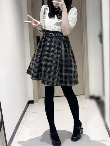 Bow Dress Two-Piece Detachable Kei Heart Plaid Black Belt Jirai Tie Design with Buckle Faux