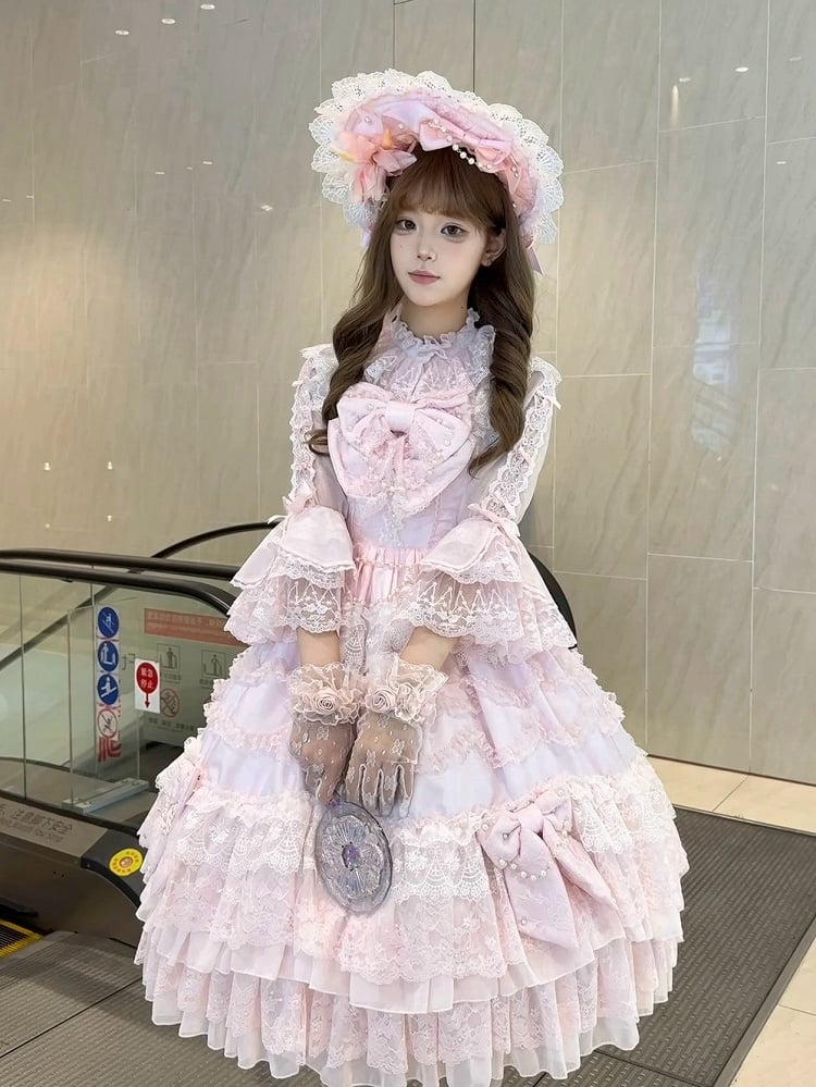 Small Pink Bows Ruffle Adorned Lolita Shirt 3/4 Sleeves Neckline