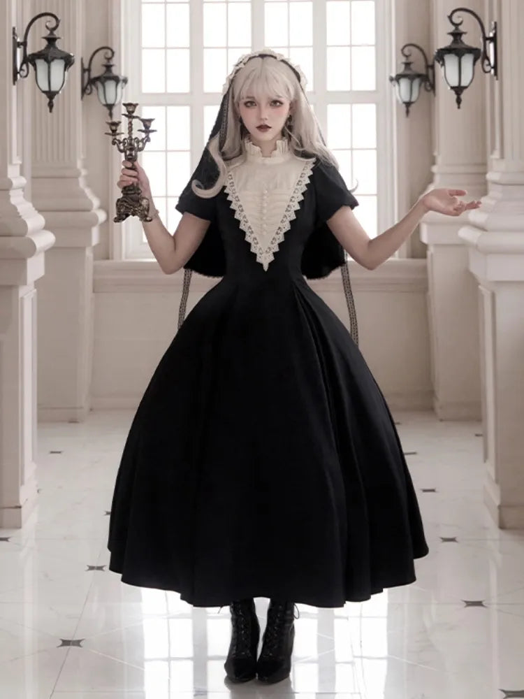 Elegant Black and Beige Ruffle Banded Collar Gothic Nun Lolita Dress Long Version