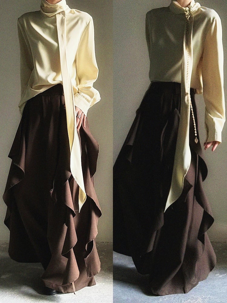 Fastening Button Pants Style Zip Ruffles Cascading Ornate Functional in Princely with Wide-leg Brown
