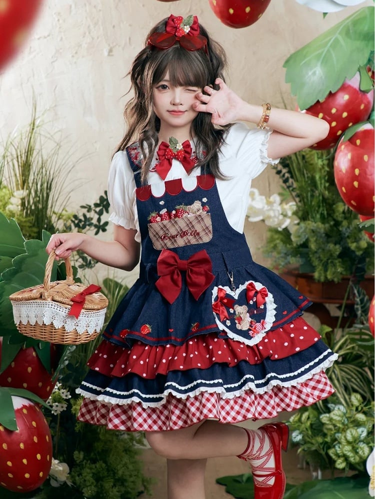 Sleeves Sweet Blouse Strawberry Pattern Beige Peter Pan Collar Puff Lolita