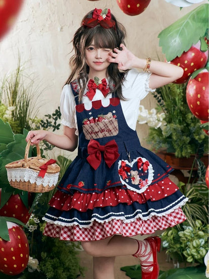 Sleeves Sweet Blouse Strawberry Pattern Beige Peter Pan Collar Puff Lolita