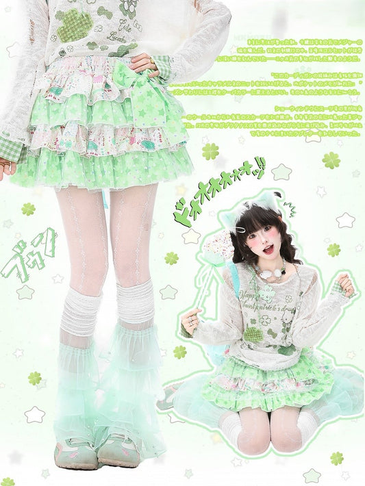 Tiered Skirt Starry with Prints Bow Y2K Botanical Accent Green