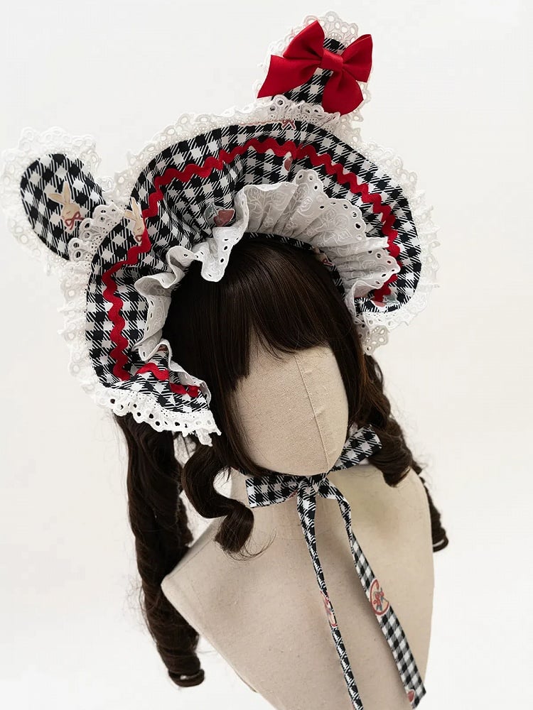 柄 ボンネット ギンガム ブラック グリーン ピンク 赤 耳 / うさぎ