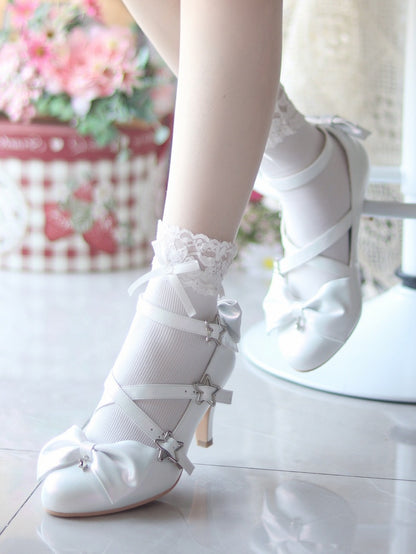 Star High White Sweet Lolita Schnallen Crisscross Straps mit - Akzente Heels Schleife