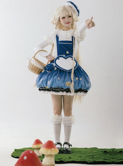 スカート帽子 + 小さな帽子 ハートアクセサリー + 大きなフリル + ケープ マッシュルーム + サスペンダー ファーブローチ帽子