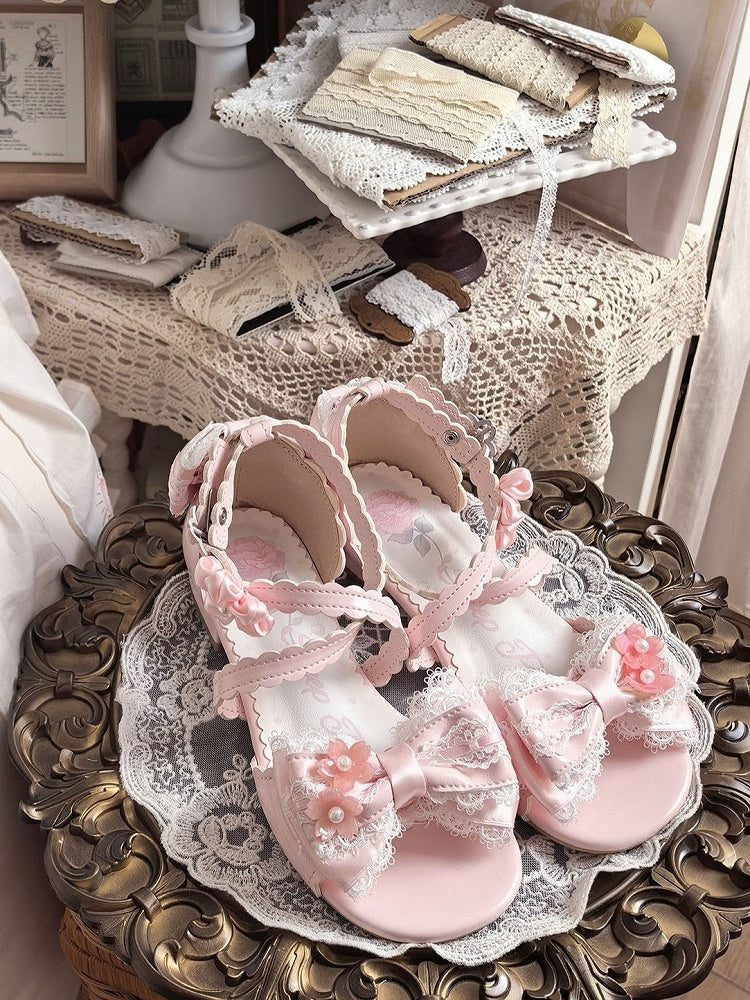 Pink Lolita Kawaii Sandals with Flower Bow Low Heel - Sheep Puff