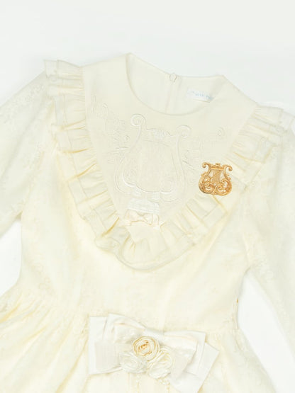 Beige Harp Embroidery Spring Semi-sheer Long Sleeves Elegant Classic Lolita Dress